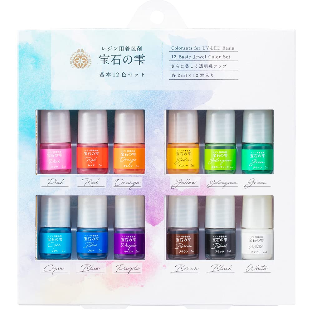PADICO Resin 403295 Pigment Gemstone Drop Basic 12 Color Set, 0.07 fl oz (2 ml) x 12 Colors, Made in Japan, Transparent (White, Black is Opaque)