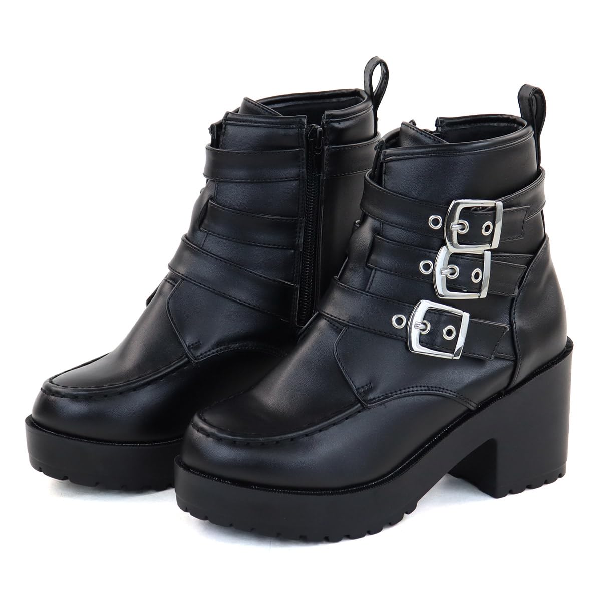Love Hunter 1639M Men's Boots, Short Boots, Belted Boots, Thick Sole, 3.1 inches (8 cm) Heel, Belt, U-Tip, Platform Sole, Black, 25.0~25.5 cm