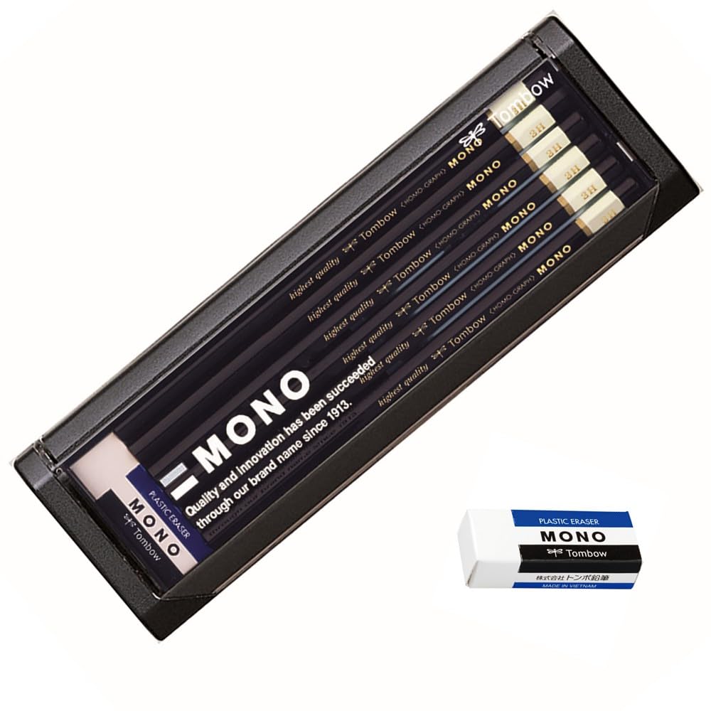 Tombow MONO-2H Premium Pencil, 2H MONO (High Standard Pencil with Ultra Fine Core) with MONO Eraser, Drafting and Drawing, 1 Dozen
