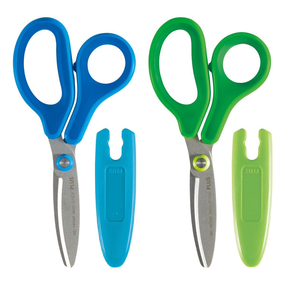 Plus 34670+34672 Scissors, FitCut Curve, Jr Fluorine Coat, Adhesive Tape, Non-Cling, Blue & Green Set