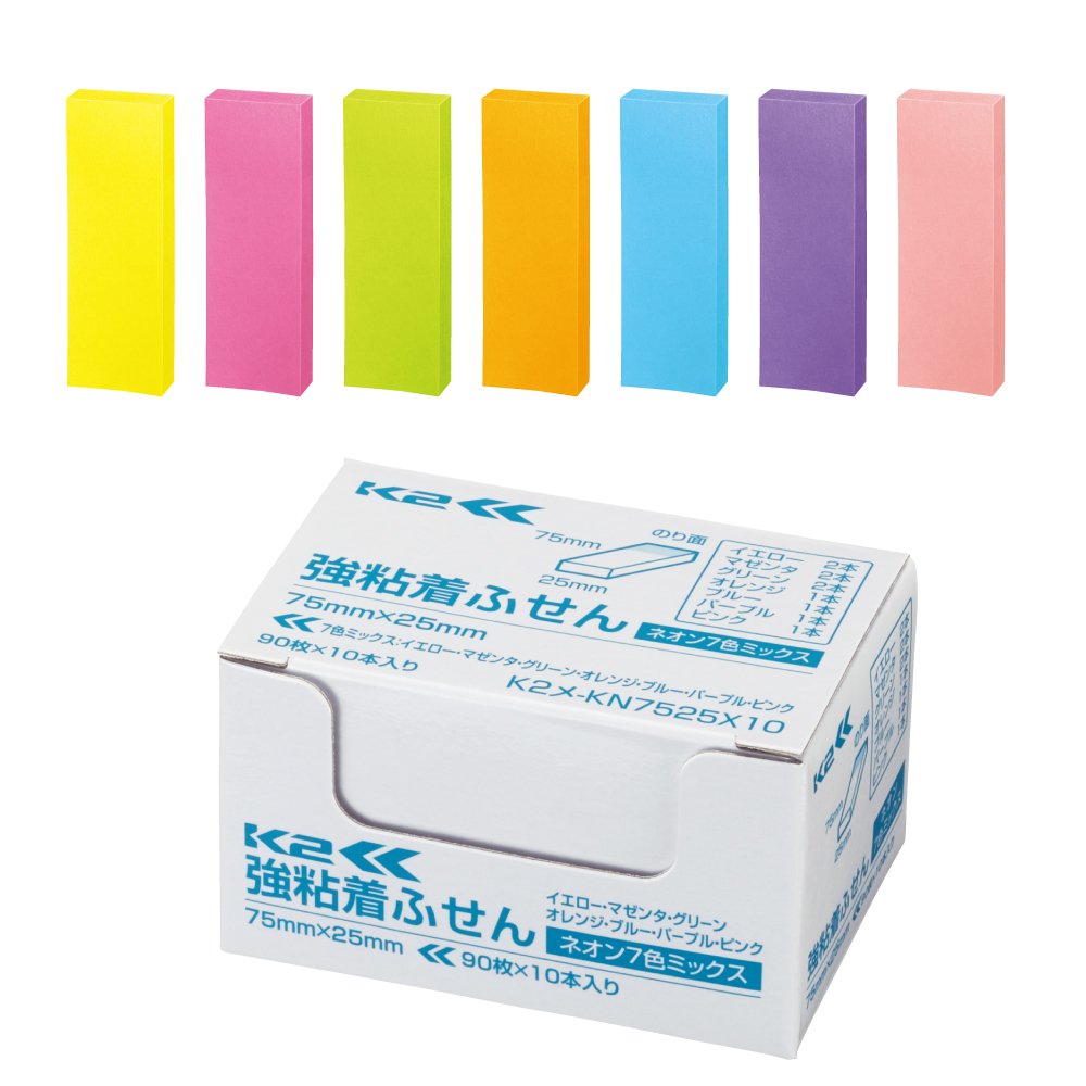 Kokuyo KN7525X10 Sticky Notes, Strong Adhesive, K2, 3.0 x 1.0 inches (75 x 25 mm), Neon Color, 90 Sheets x 10 Pieces, 7 Colors, K2 Mé