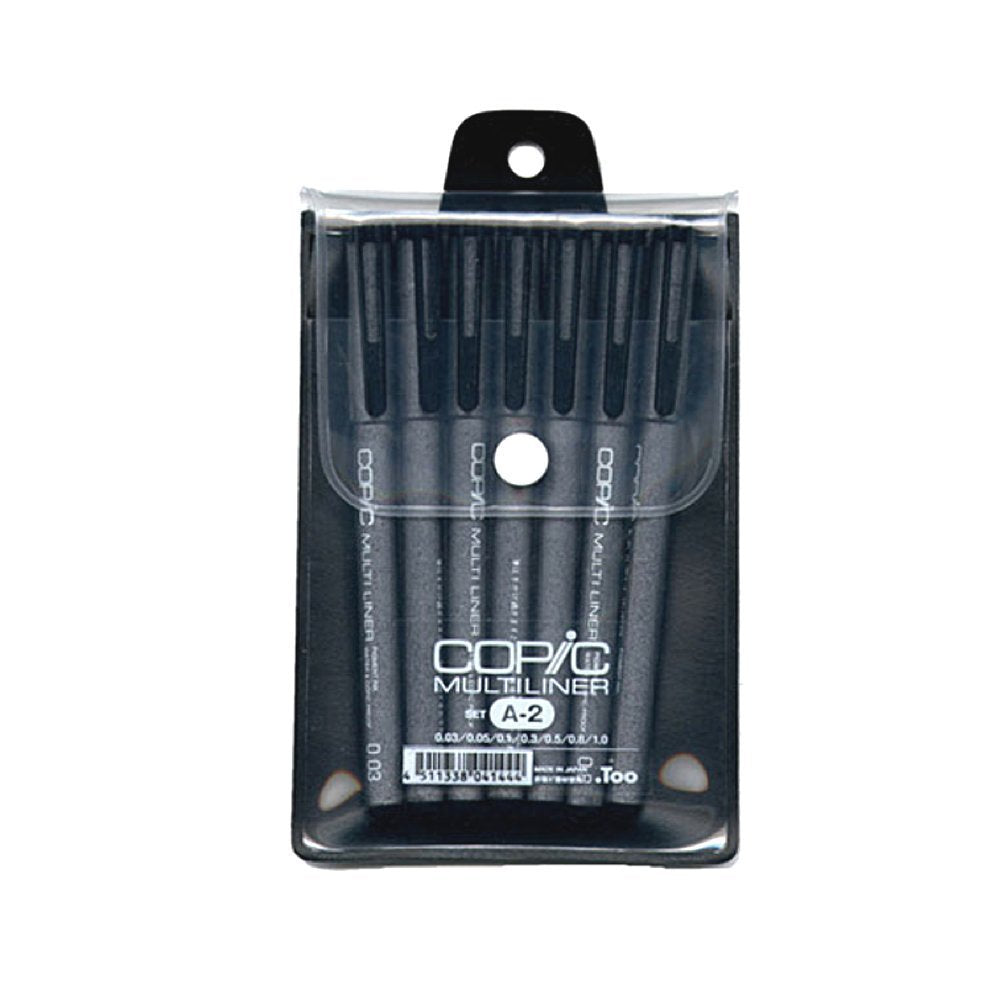 Copic Multiliner Waterproof Pigment Ink Pens Set A2, Pack of 7, Black Ink (MLA2)