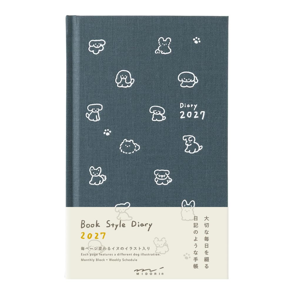 Midori Book Style Diary, 2027, B6 Deformation, Weekly Dog Pattern, Navy Blue, 22479006 (Starts from January 2027)