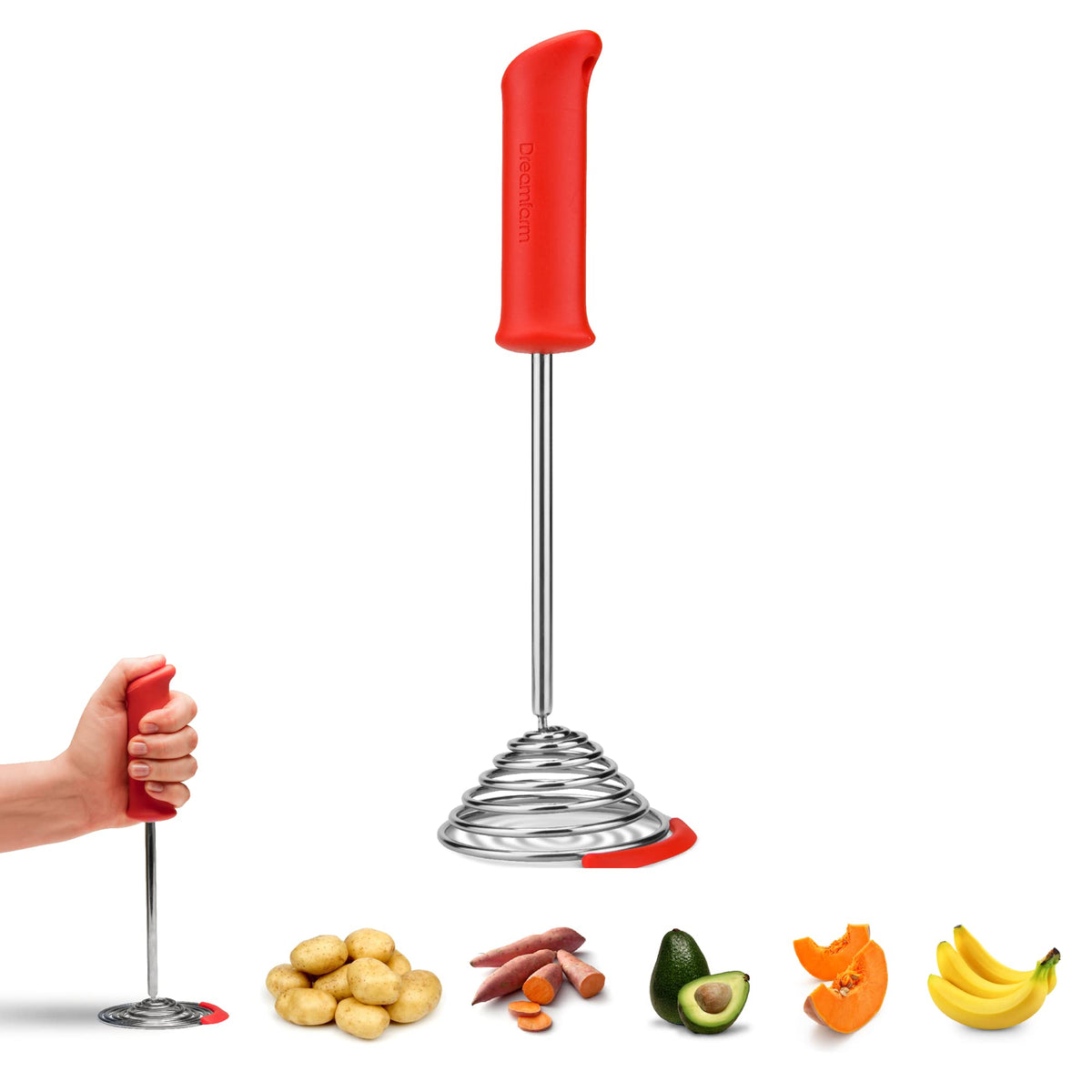 Dreamfarm Smood | One-Handed Stainless-Steel Spring Coil Vegetable and Potato Masher with Soft Grip and Bowl Scraper | Red