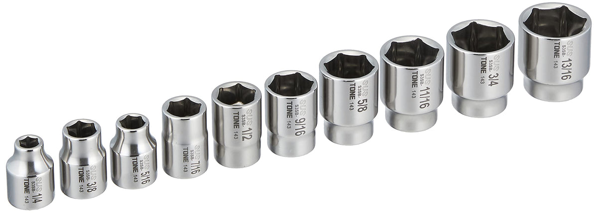 10 Piece 3/8" Square Drive 6 Point Stainless Steel Socket Set with Rack Rail SHSB310