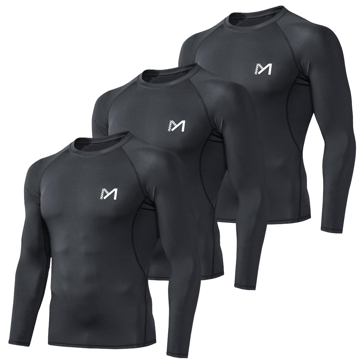 MEETYOO Men's Compression Long Sleeve Athletic Workout Shirt, Black+Black+Black, Large