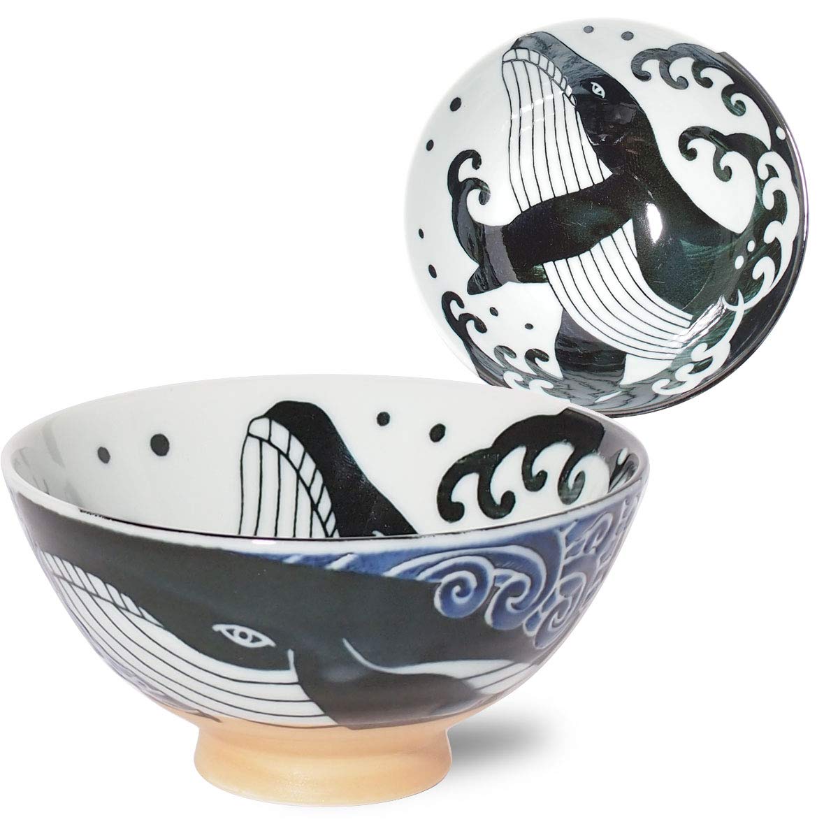 Minoru Touki White Wave Whale Blue Ceramic Rice Bowl Small ?4.72ラH2.4in 5.64oz Made in Japan