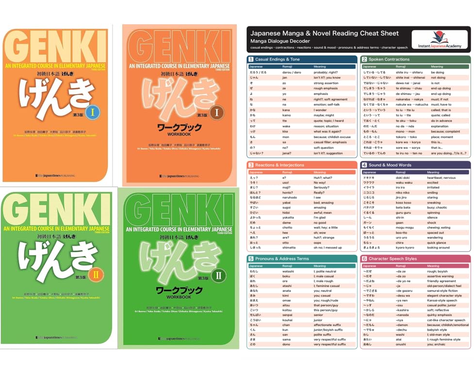 Japanese Beginner Study Set, GENKI 4-Book Bundle + Manga Reading Sheet
