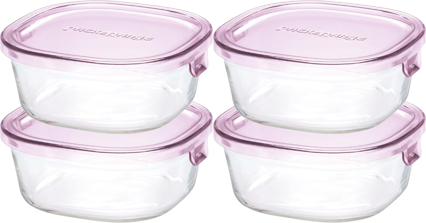 iwaki KC3240N-P Heat-resistant Glass Storage Container, Pink, Square Shape, S, 15.2 fl oz (450 ml) x 4 Pieces, Rice, 1 Pair Pack & Range
