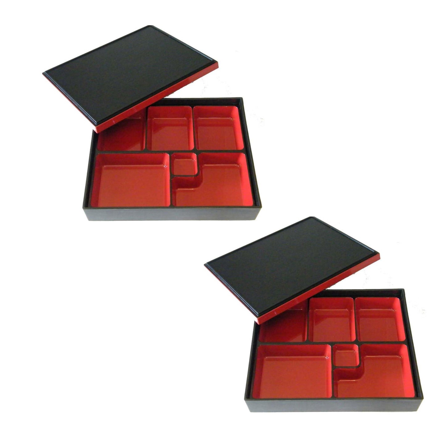 JapanBargain, 2-Pack Japanese Red & Black Lacquered Bento Box with Lid, 6 Compartments, Removable Bento Plate/Tray, Restaurant or Home Use, Made in Japan, 11.75"x9.5"