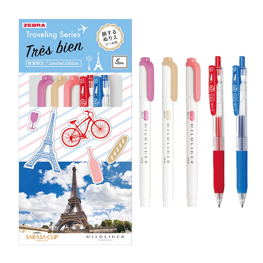 Zebra SE-TR-5CF Sarasa Clip Mild Liner Set, Traveling Series, Eiffel Tower, Mixed 5 Piece Set