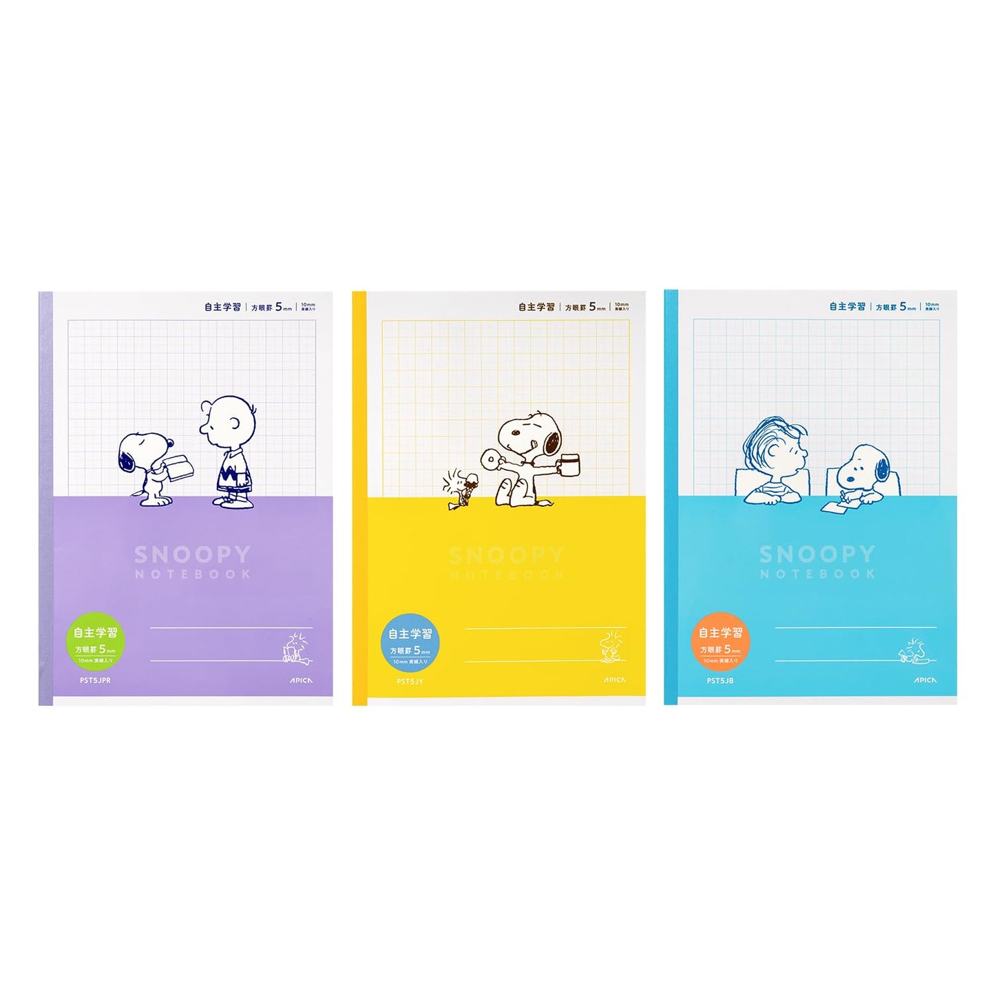 Apica PST5J03 Snoopy Study Book, For Each Subject, Independent Learning, 0.2 inch (5 mm) Squares, Easy to Use Colors, Pack of 3