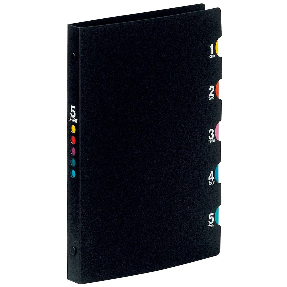 Maruman Five Chart 20‑Ring Binder with 5 Index Windows & Matching 5‑Tab Dividers, A5 Size, 5.83" x 8.27", Holds 70 Sheets, Laminated Tabs, Black, Made in Japan