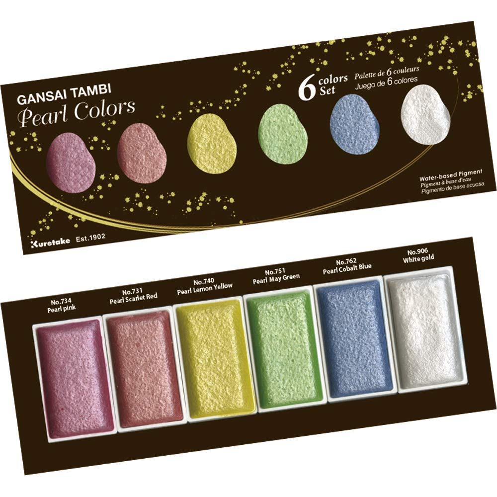 Kuretake Gansai Tambi PEARL COLORS, 6 colors set, Made in Japan