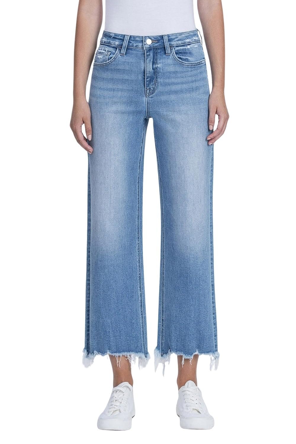 Flying Monkey Women's High-Rise Distressed Hem Cropped Slim Wide Leg Jeans (Celestial Light, 26)