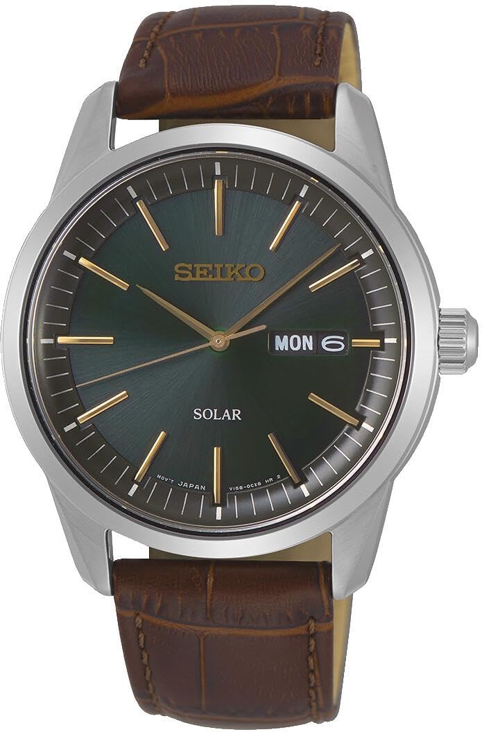 Seiko Men's Analog Solar Watch with Leather Strap SNE529P1, Silver, L, Strap