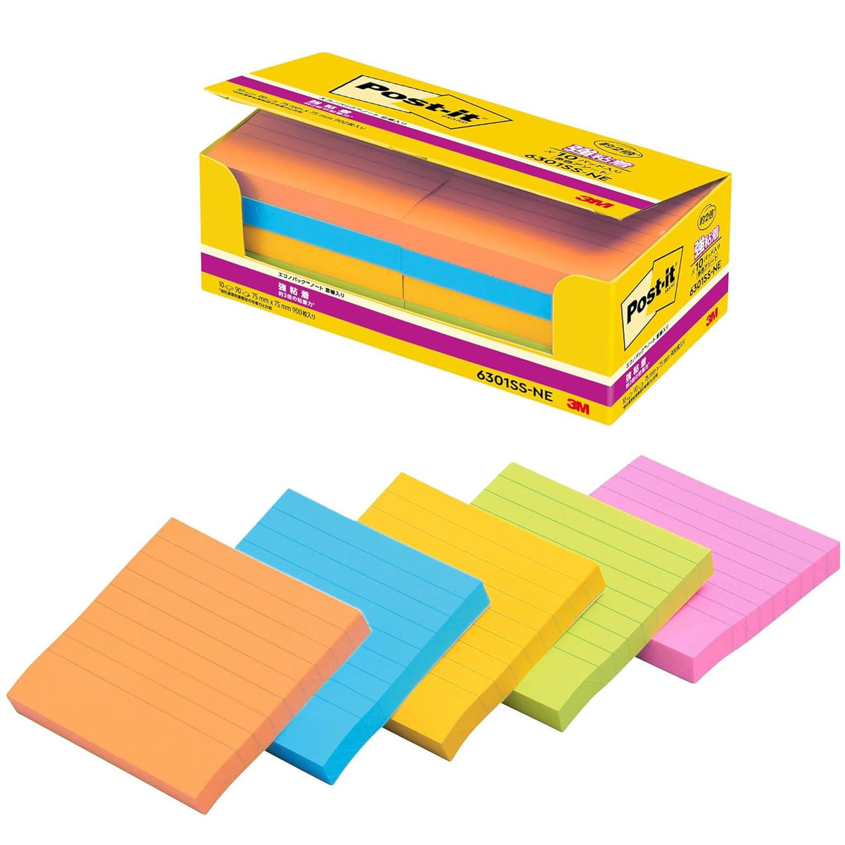 Post-it strong adhesive line notebook 75x75mm 90 sheets x10 or fluorescent 6301SS-NE