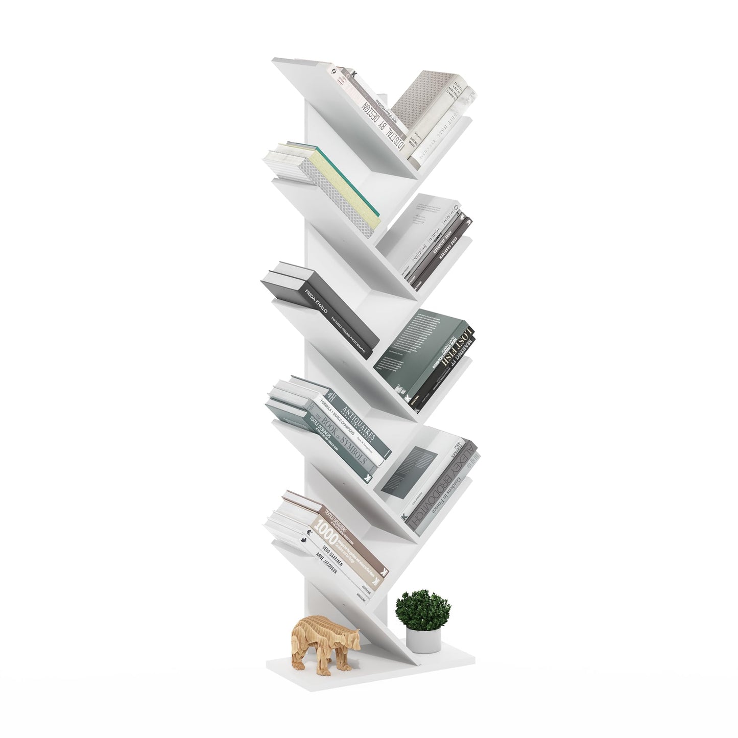 Furinno TREE Book Shelf, 9-Tier Bookshelf, Tree Bookcase with Angled Open Shelf, 8.4 x 15.7 x 50.9, for Room Decor, for Living Room, Bedroom, Home Office, White
