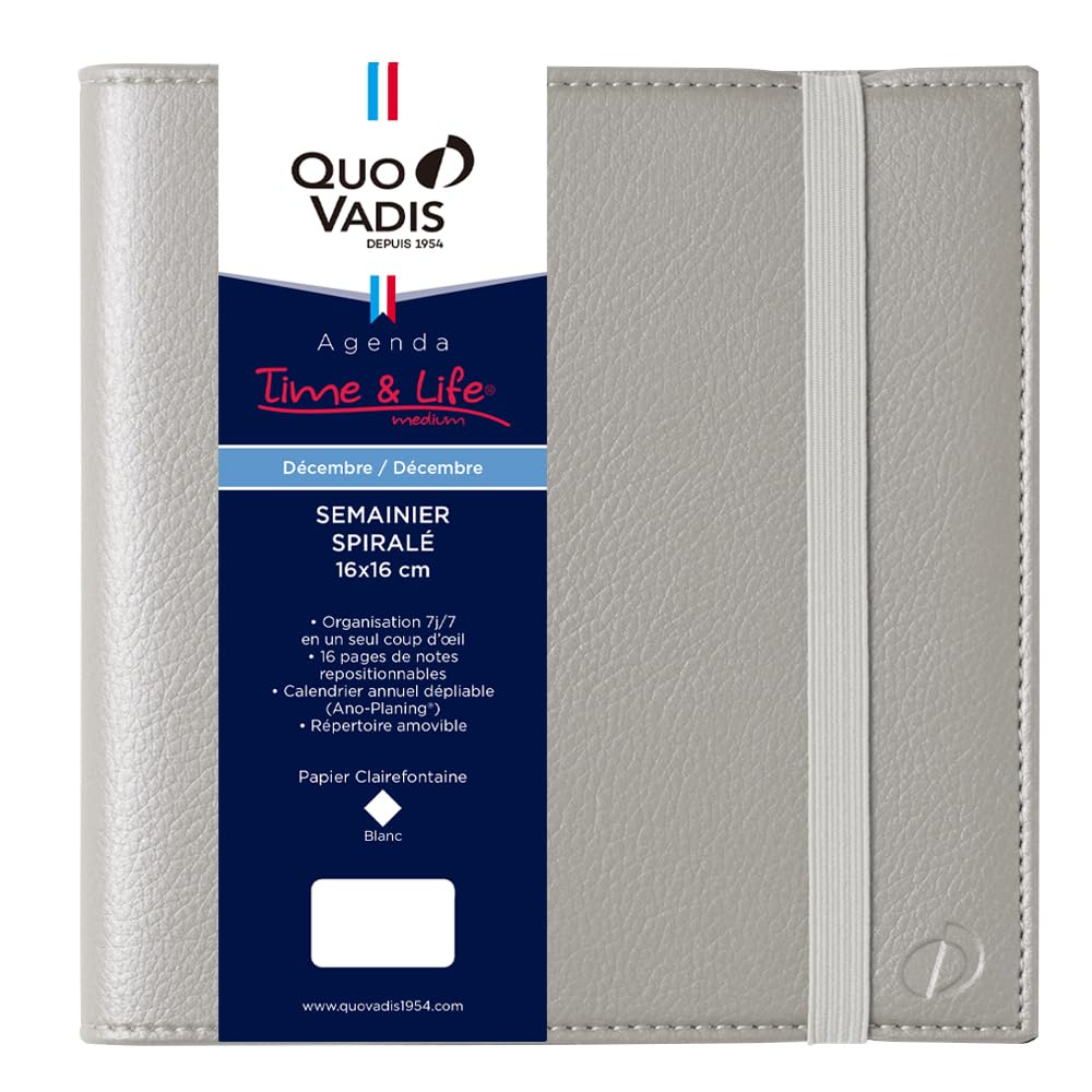 Quobadis qv540sv Notebook Diary "Time and Life 16 x 16" (Week Vertical Begins December 2025 Square Size 16 x 16 cm French Version) Silver QUOVADIS qv540sv