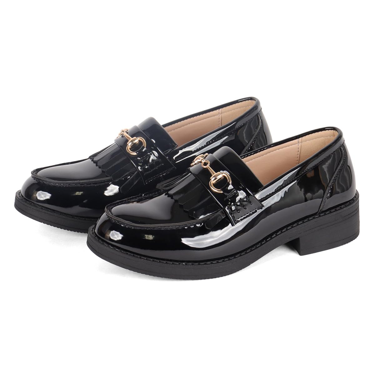 AAA+Feminine(サンエープラスフェミニン) Women's Bit Manish Loafers 3.5cm Heel Quilt Tassel U-Tip, Black Enamel, 25.5 cm
