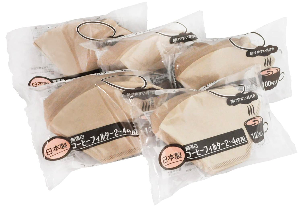 Coffee Filter for 2 to 4 Cups, Made in Japan, Trapezoid Dripper, Unbleached, Brown, Easy to Open with Ears, 100 Sheets, 5 Packs, Total of 500 Sheets
