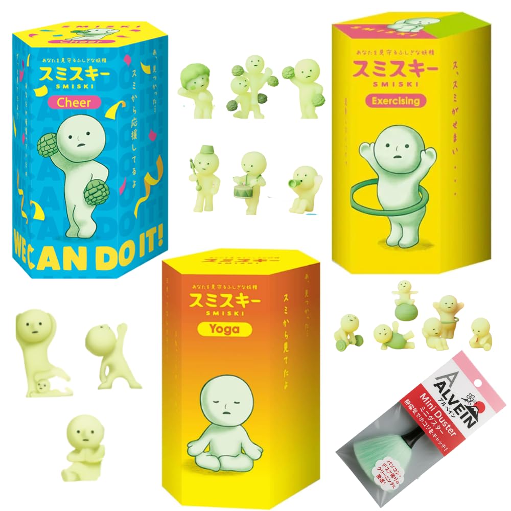 ALVEIN Glow in The Dark Figure 3-Pack Assortment (Yoga, Cheer, Exercising Series - 1 Random Figure Each) & Japanese Mini Cleaning Brush/Mop Set - Collectible Surprise Bundle