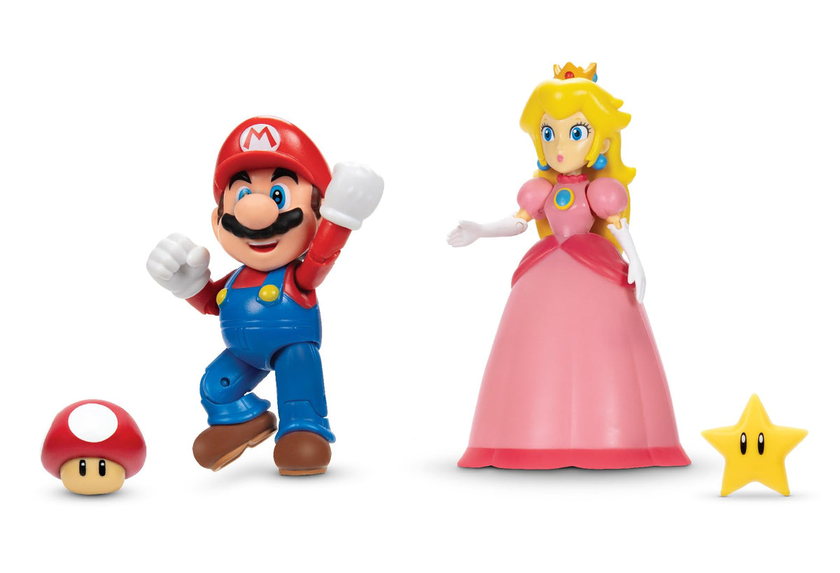 Super Mario and Princess Peach 4-Inch Authentic Nintendo Action Figure 2-Pack Bundle, with Up to 13 Points of Articulation, They Come with Mushroom & Super Star Accessories