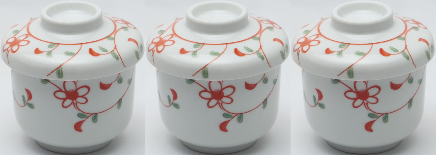 Kanese Steaming Bowl, Rice Bowl Steamer Set, Mino Ware, Flower Red Painting Mushi Bowl (Set of 3)