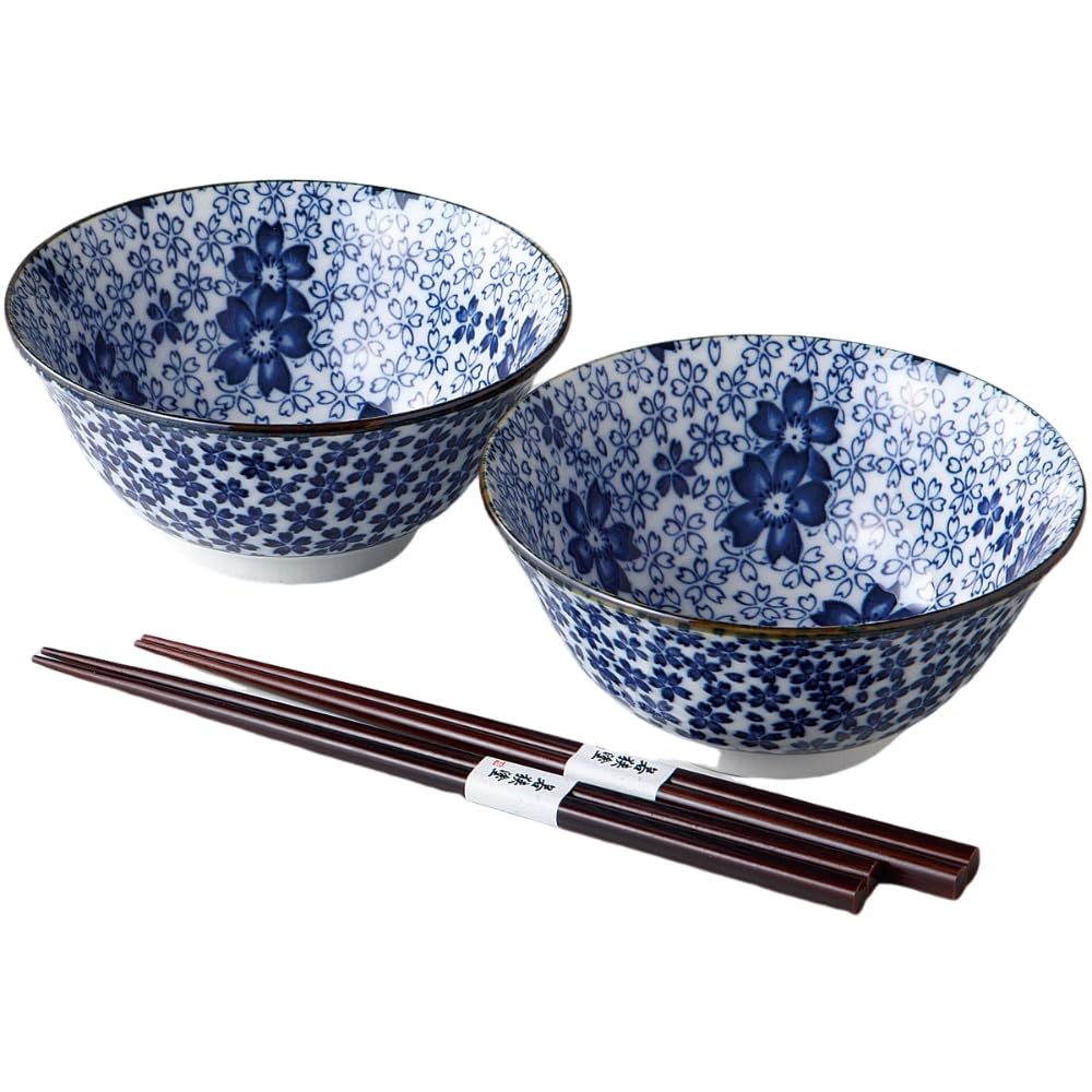 Ale-net Sakura Chirashi 4.8 Multipurpose Bowl Pair, Chopsticks Included, Porcelain, Mino Ware, Made in Japan
