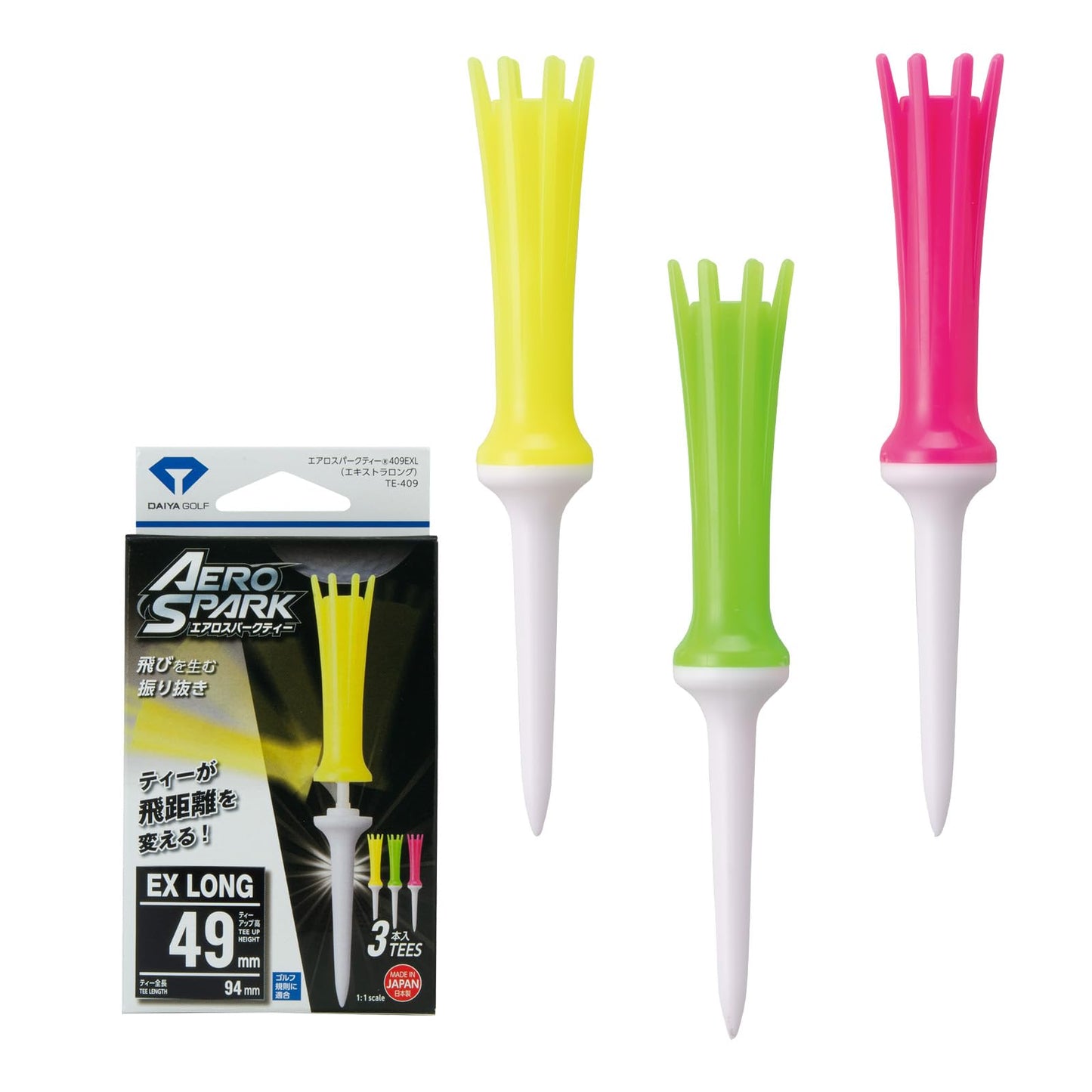 DAIYA Golf Golf Tee, Aerospark Tee, Made in Japan, Extra Long, Long, Semi-Long, Regular, 360° Oscillating Function, Break-Resistant, Golf Regulations, Beginners, Pack of 3