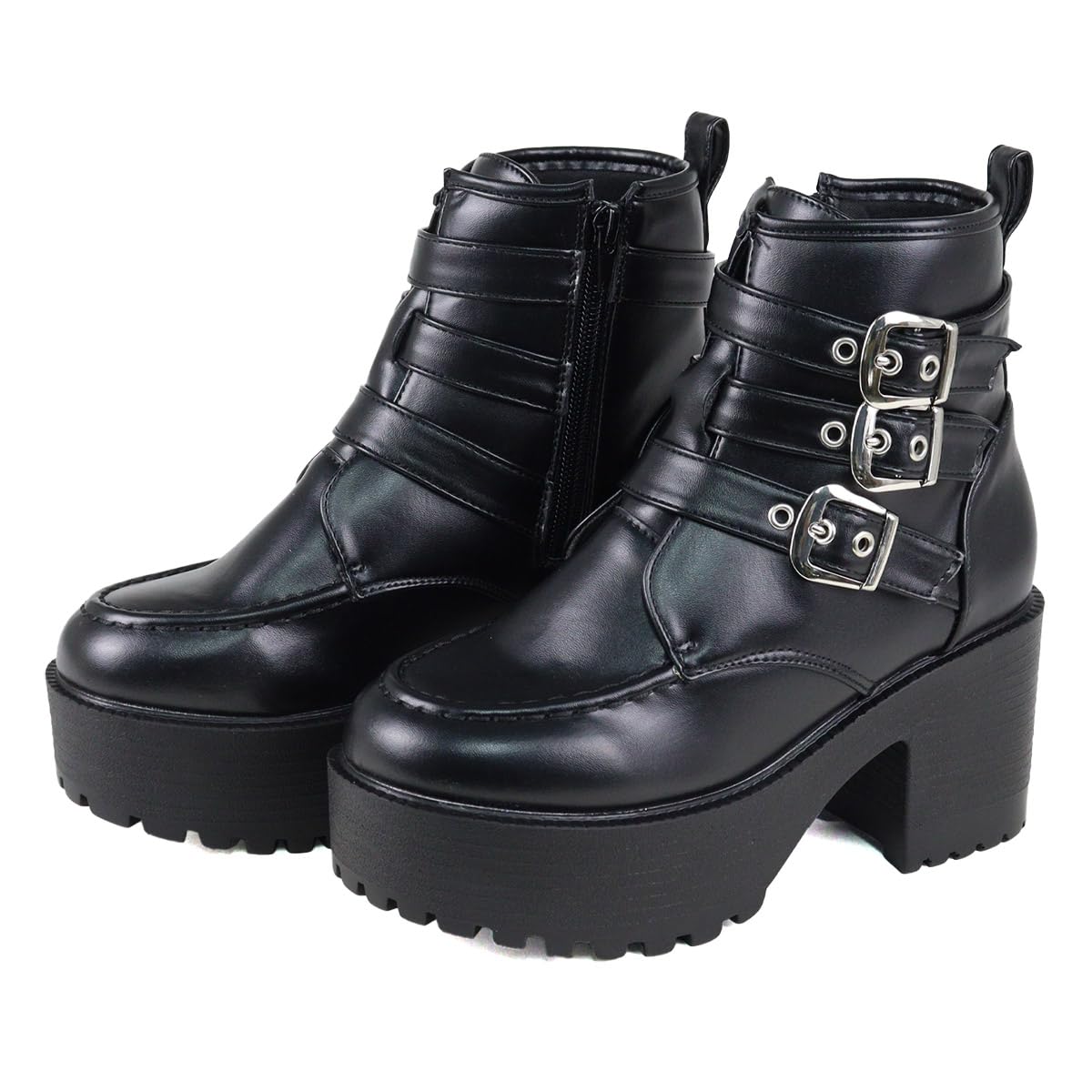 Love Hunter 1615 Women's Boots Heel Boots, U-Tip, Thick Sole, 3.1 inches (8 cm) Heel, 3 Strand Belt, Black, M 2E