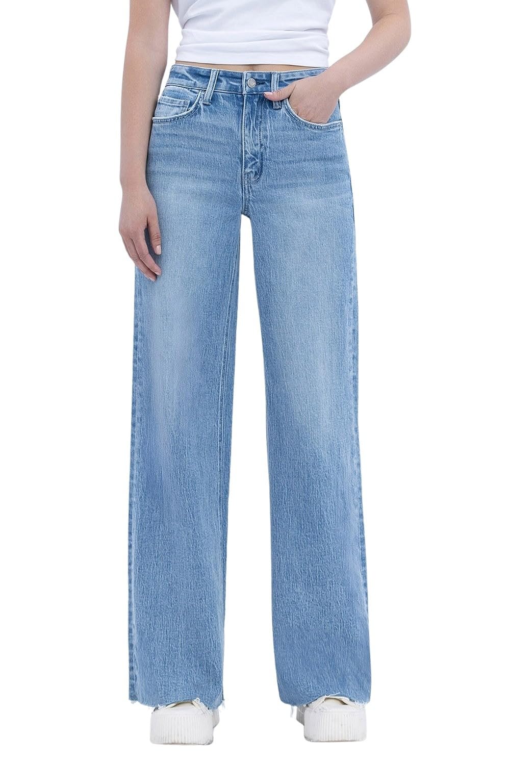 VERVET Women's Olivia High Rise Raw Hem Wide Leg Jeans (Poprock, 29)