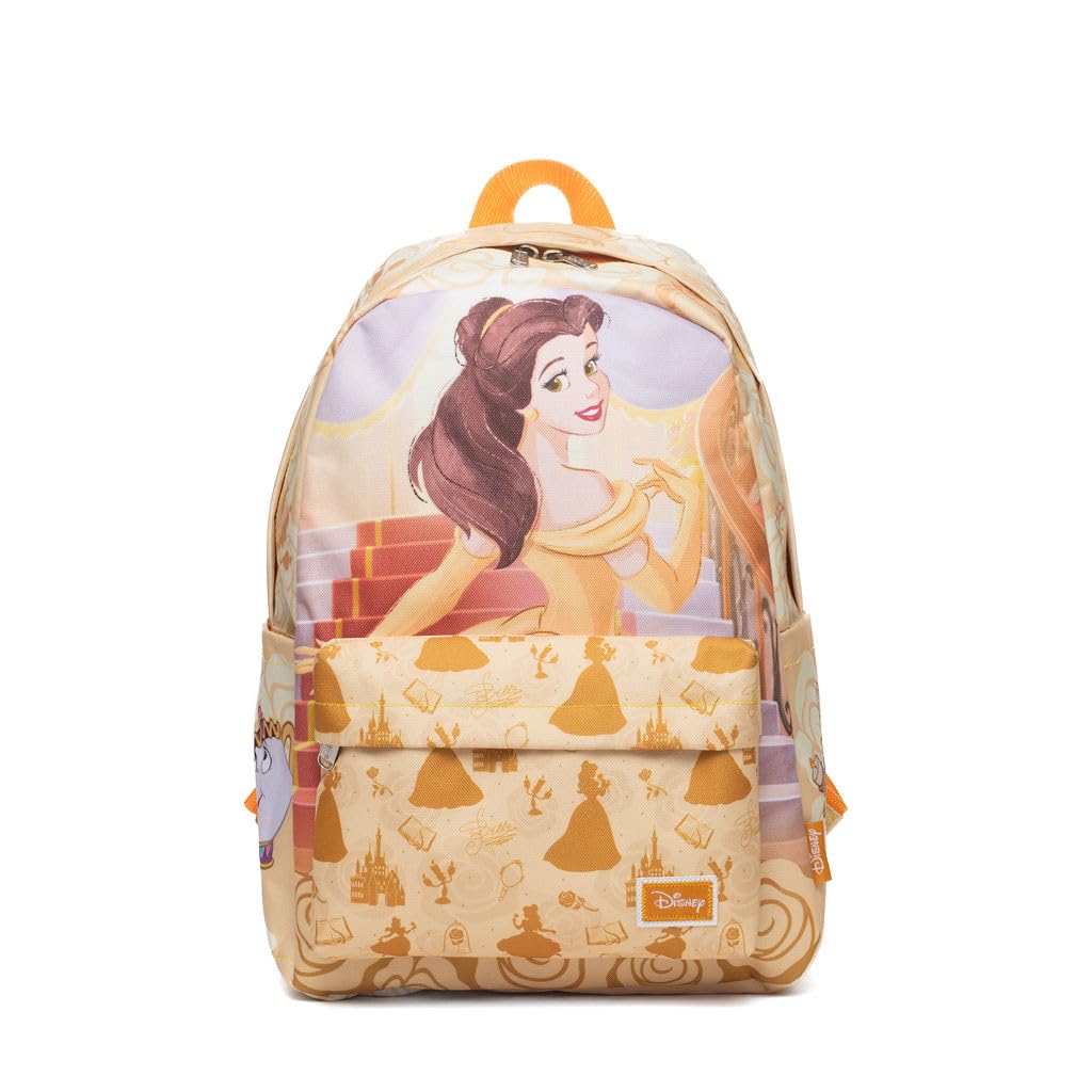 Wondapop Disney Princess Belle Backpack 16” Girls School Backpack with Laptop Sleeve, Front Pocket & Side Pockets, Beauty and the Beast Bookbag for Kids