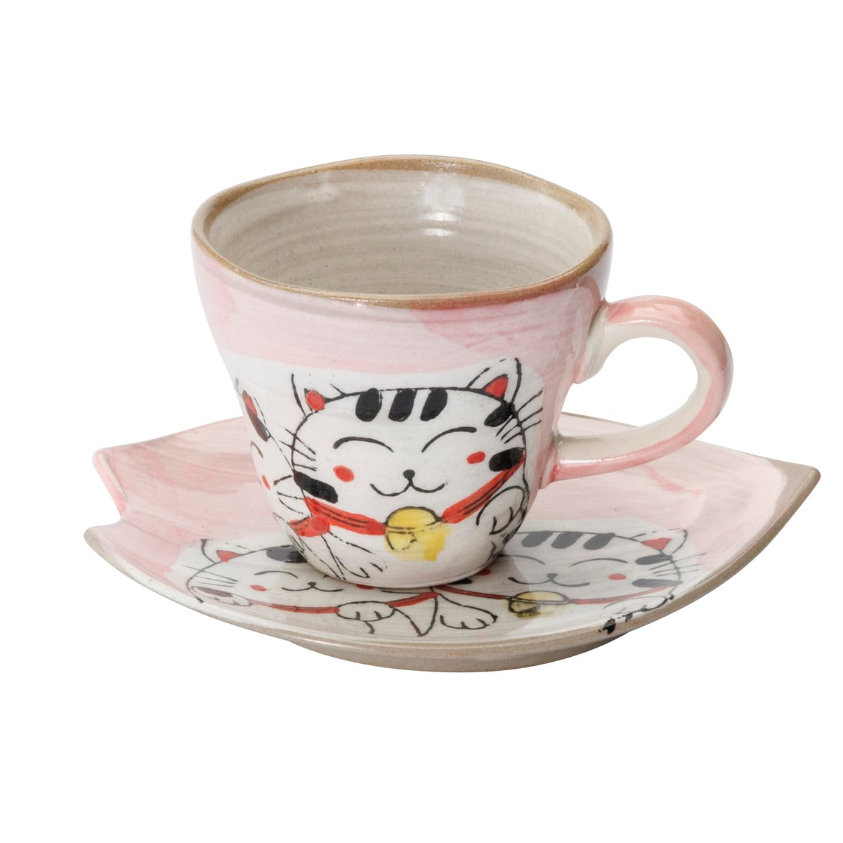 一久(Ichikyu) Mino Ware 502-43 Cup & Saucer Coffee Bowl Plate, Capacity Approx. 7.8 fl oz (200 ml), Good Friend Cat, Red, Made in Japan