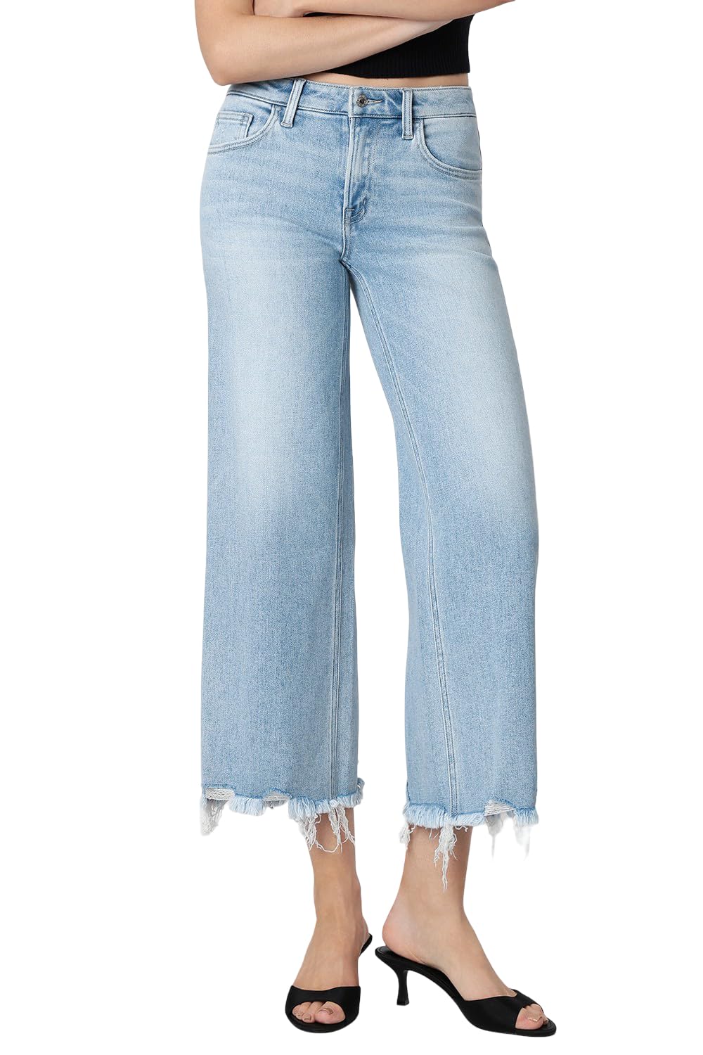 VERVET Women's Olivia Mid Rise Distressed Hem Crop Wide Leg Jeans (Charming, 28)