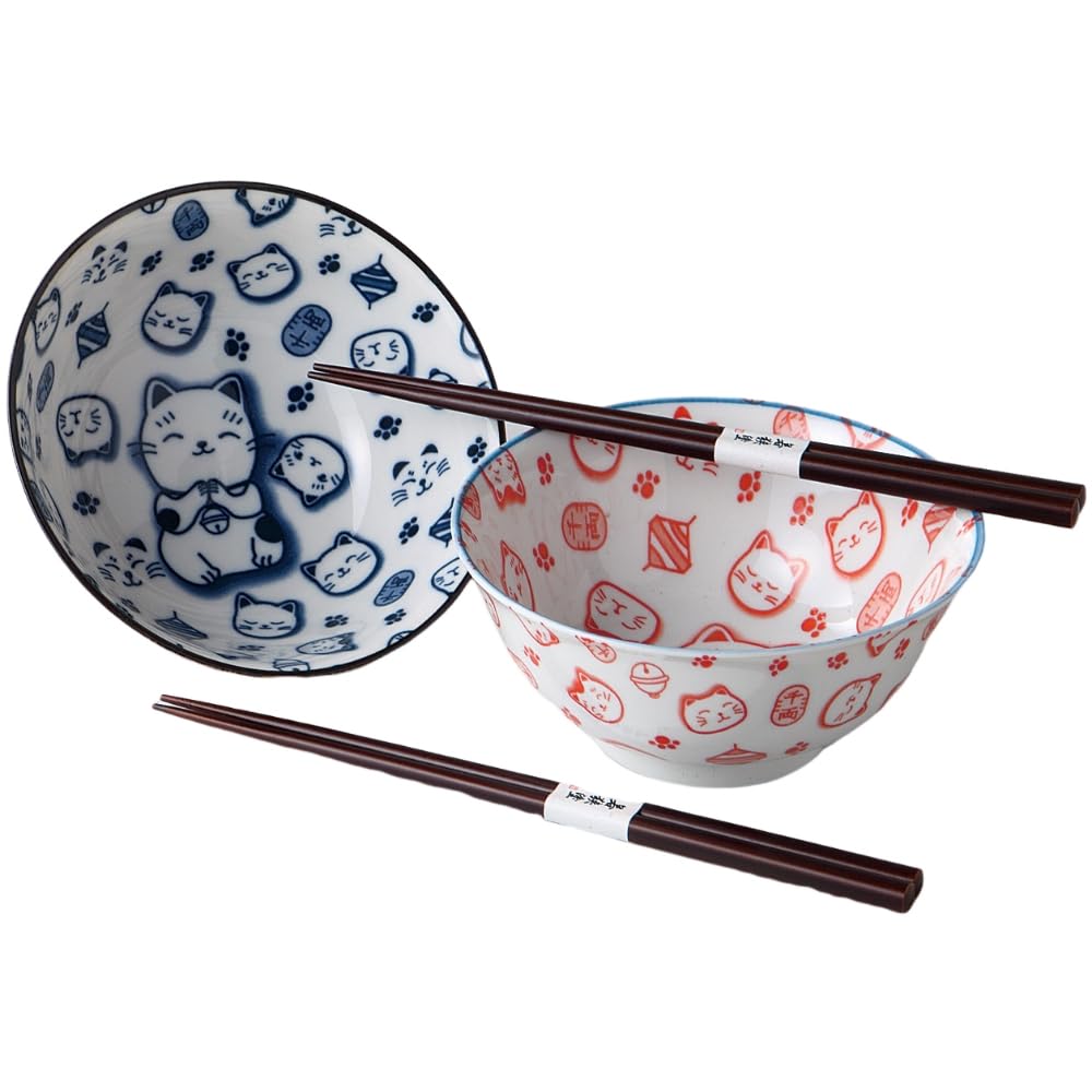 Ale-net Don Porcelain Mino Ware Ron, Set of 2, Diameter 5.9 x Height 2.8 inches (15 x 7 cm), Wish Cat, 4.8, Multi-purpose Bowl, Pair, Chopsticks Included, Porcelain, Made in Japan