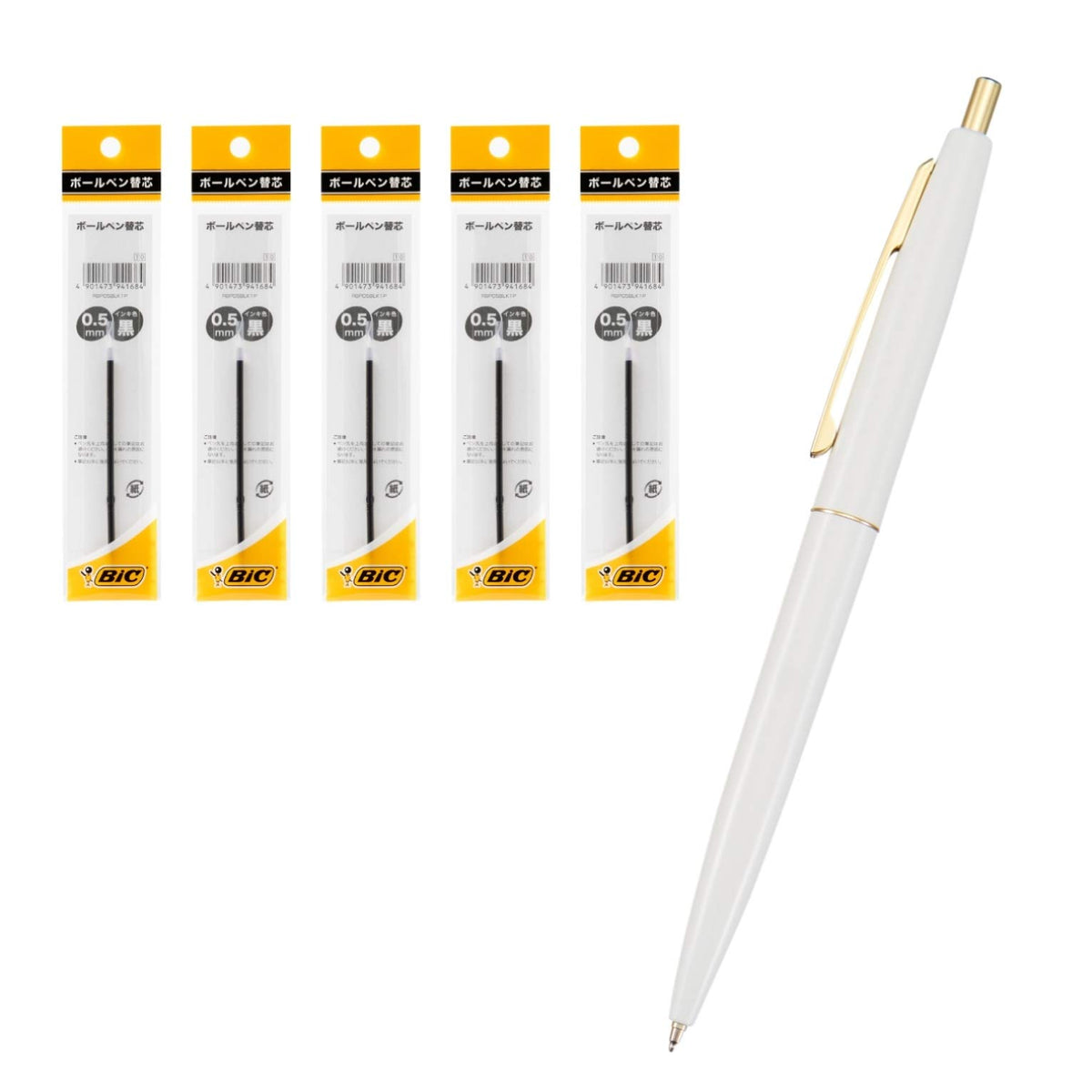 Bic Japan CLG05-WHIRF5 Ballpoint Pen, Click Gold, 0.5, Oil-based, Black, Smooth, White Axis, 5-Piece Refill, Set of 5