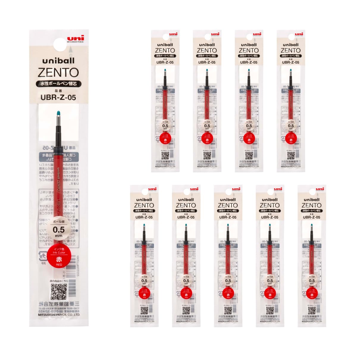 uniball ZENTO Water-Based Ink Refill UBR-Z-05, 0.5mm Fine Point, Red, Compatible with uniball ZENTO Pens, UBRZ05.15, Pack of 10