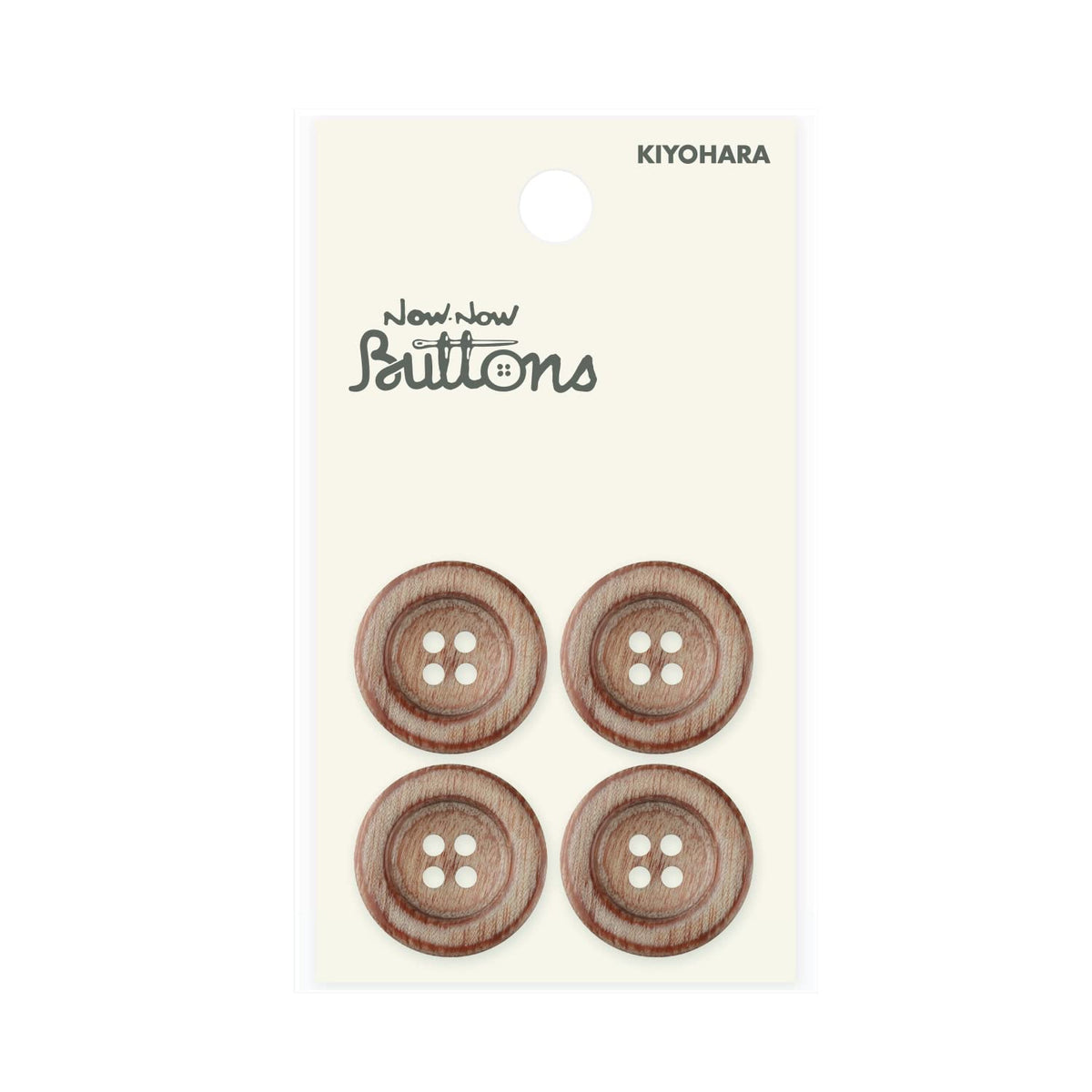 Kiyohara NWN175 Now Buttons, Wood Buttons, Plywood, Round, 4 Holes, Pack of 4, Diameter 0.8 inches (20 mm), Brown