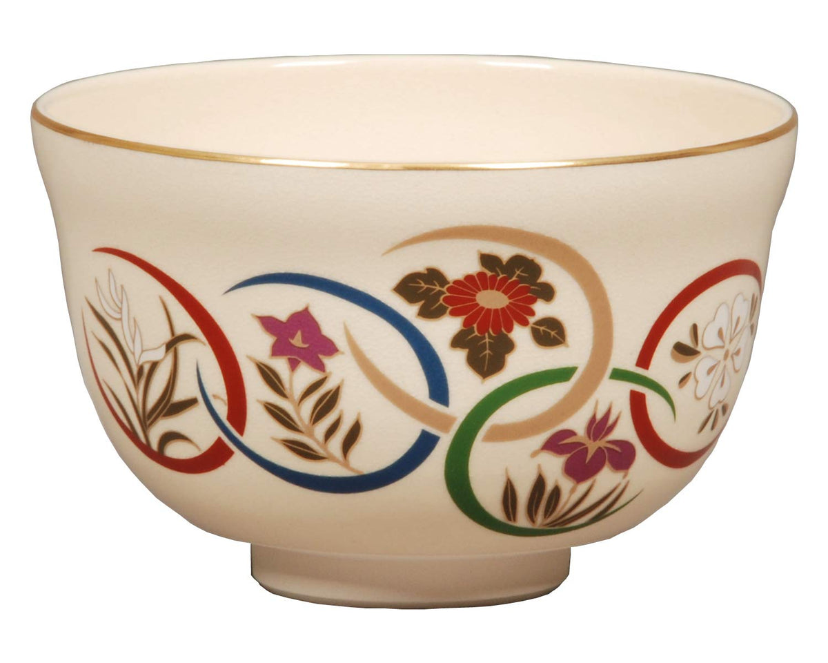 Miyachi Eikou Matcha Bowl, White, Size: Diameter 4.9 x Height 3.1 inches (12.4 x 7.8 cm), Nichiyo, Flower Crest in Paper Box