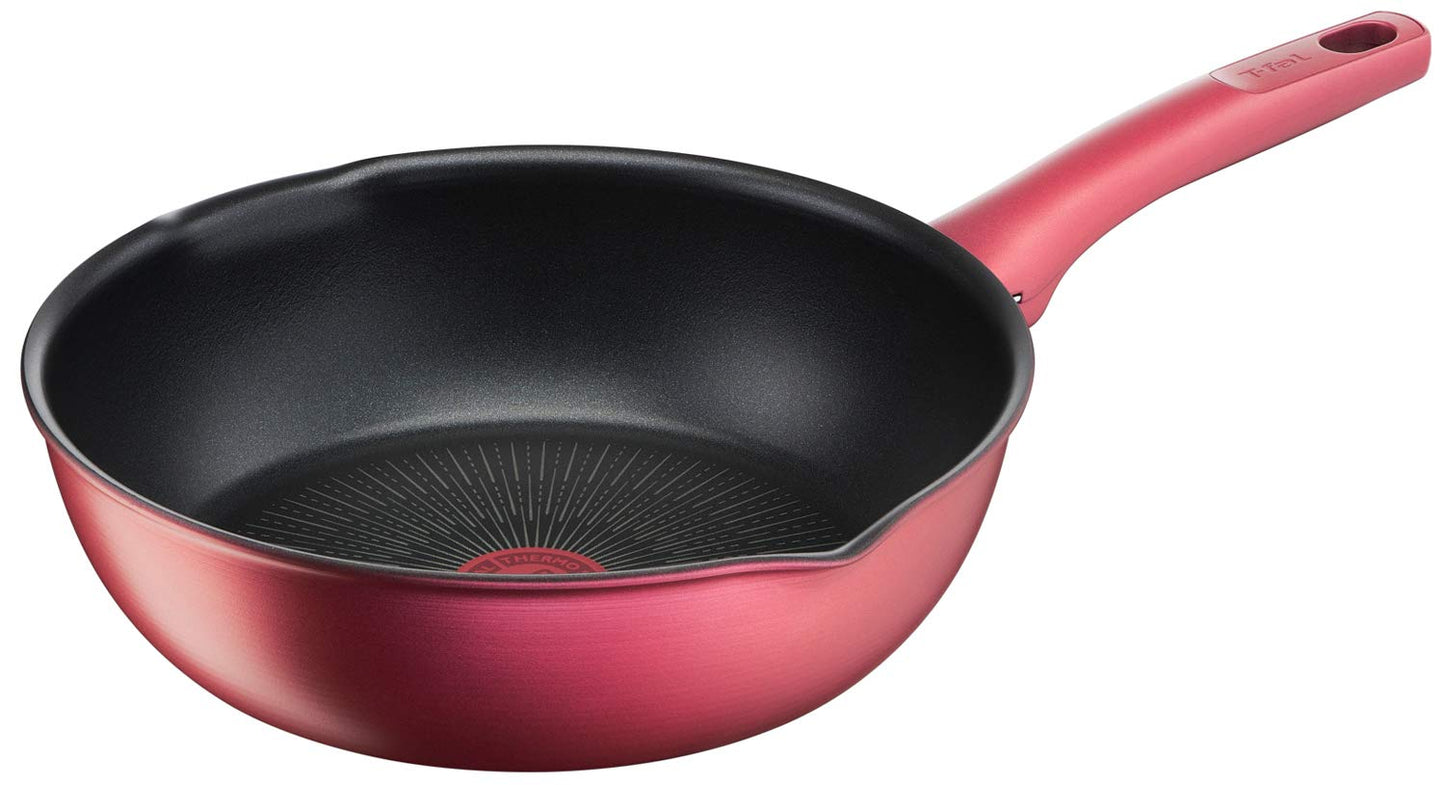 Tefal G26277 Stir-fry Pot, 10.2 inches (26 cm), Deep Frying Pan, With Spout Included, IH Gas Fire Compatible, IH Rouge Unlimited Multi Pan, Non-Stick, Red