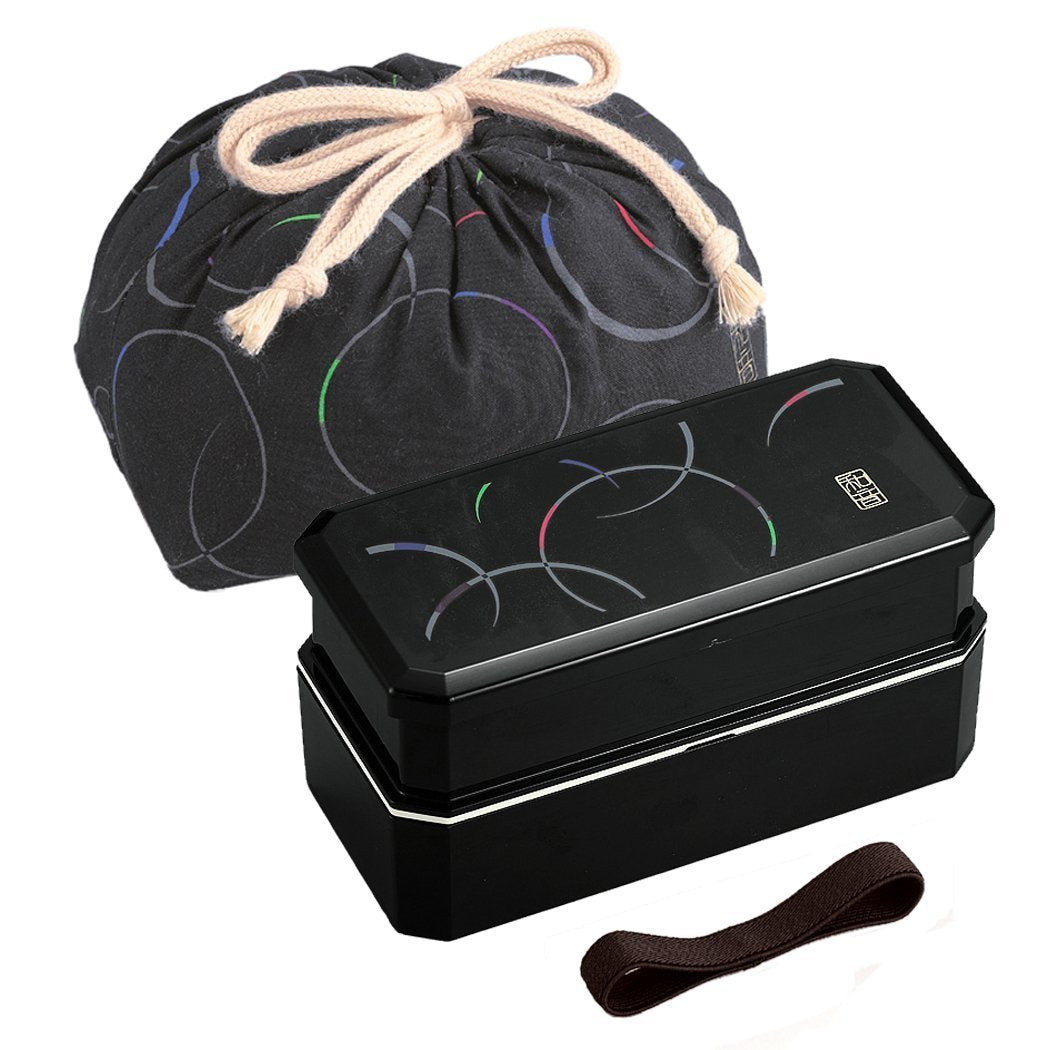 OSK PW-6+KB-1 Chord Shokado Lunch Box with Drawstring Lunch Bag (Black)
