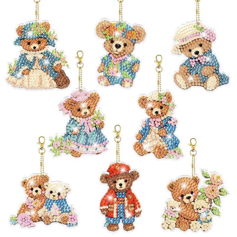 8pcs Diamond Art Keychain Kit DIY Handmade Painting Craft Kit 5D Mosaic Art Diamond Painting Special Shape Diamond Key Chain Accessories Bag Accessories (Stuffed Bear Diamond Art Key Pendant)