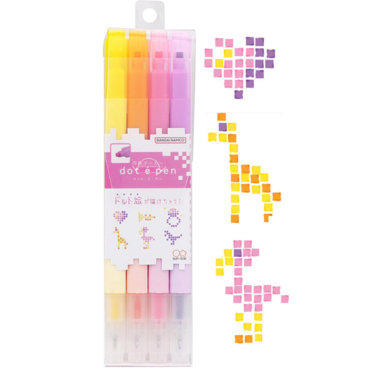 SUN-STAR DotEPen Double Sided Water- Based marker Pen, Square Dot and Fine- Point Pen, Set of 4, A Collection (Yellow, Orange, Fluorescent Pink, Violet) with Authentic Hologram for US and EU Only
