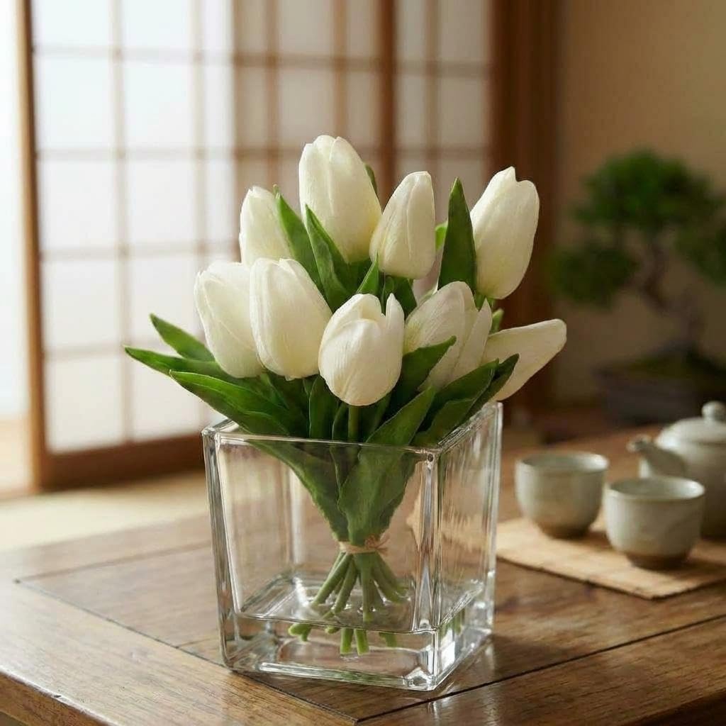 Artificial Tulip Bouquet with Artificial Water Glass Vase PU & Silk Material 9.1 x 9.4 inches (23 x 24 cm), Perfect for Living Room, Entryway, Office, White