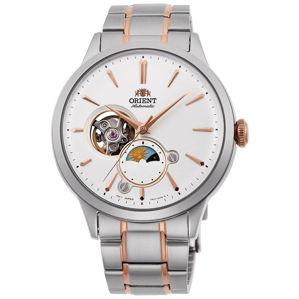Orient Sun & Moon Watch Men's Automatic Hand Winding Elegant Steel or Leather Wrist Watch with Day and Night Function, Two-Tone, Bracelet