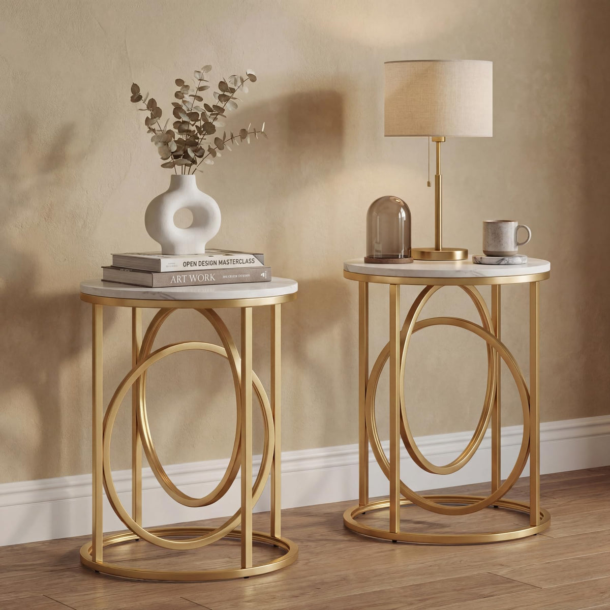 LITTLE TREE 20” Round End Table,Modern Sofa Side Table with Gold O-Shaped Base, Faux Marble White Cocktail Table Accent Table Nightstand for Living Room Bedroom, 2PCS