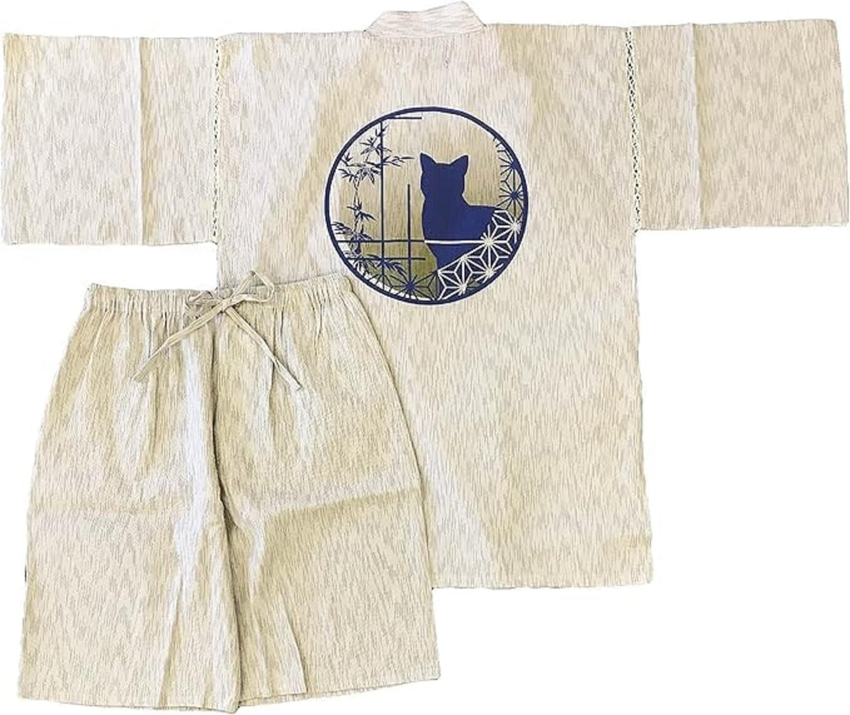 Edoten Men's Japan Kimono Shijira Original Jimbei XL. White Cat and Round Window