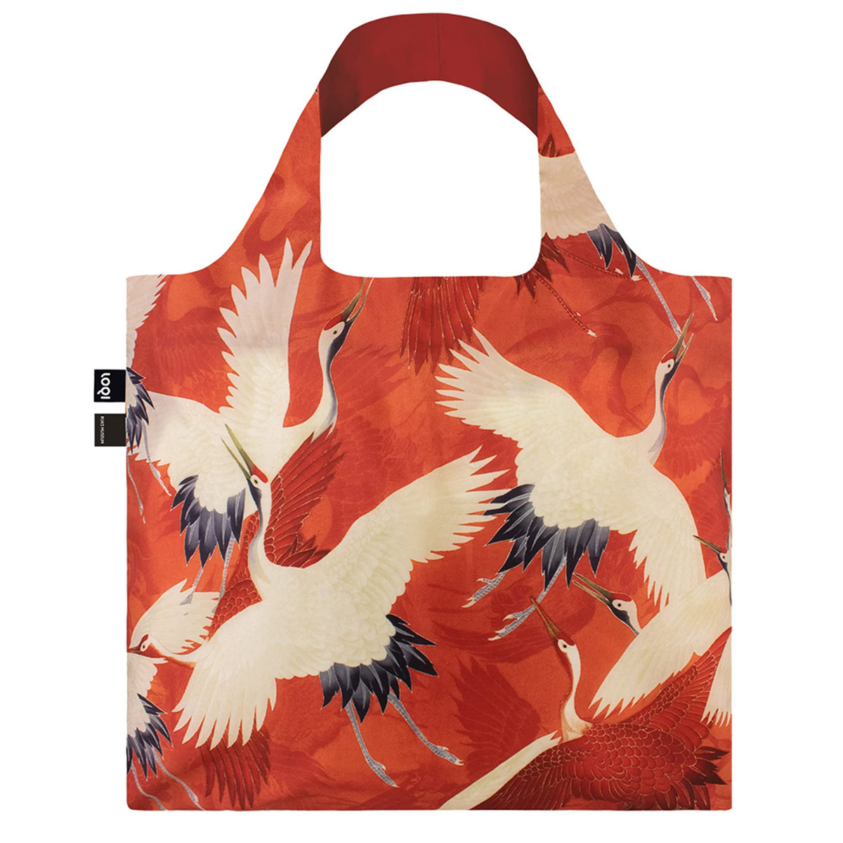 LOQI WH.CR.R Women's Eco Bag, White and Red Cranes