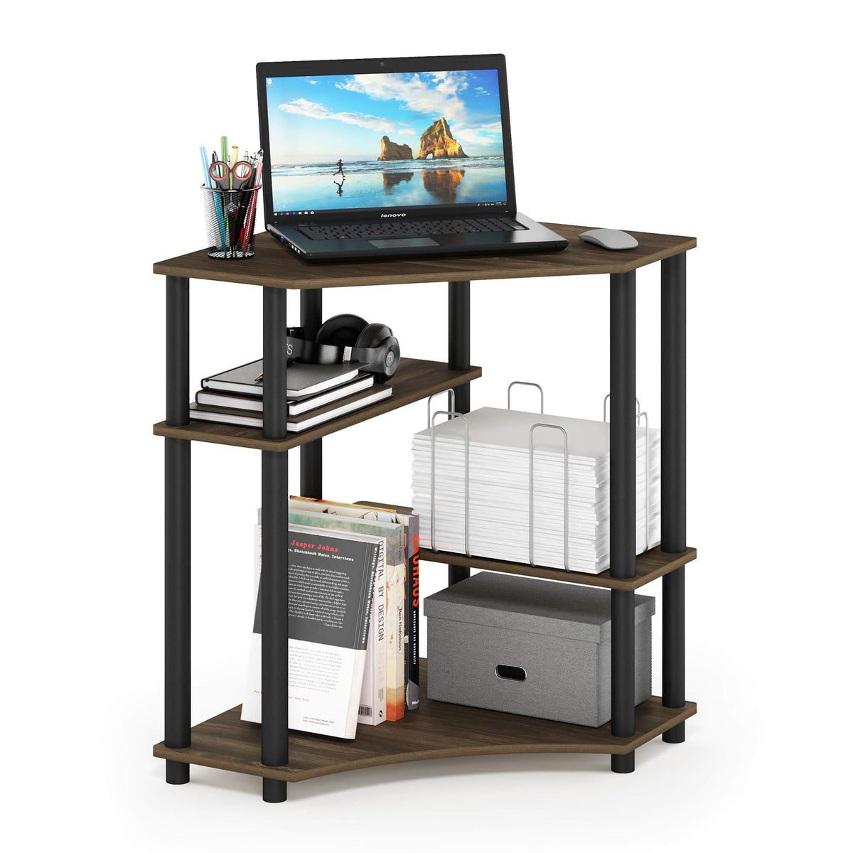 Furinno Turn-N-Tube Toolless Corner Baker Racks, Desk, Columbia Walnut
